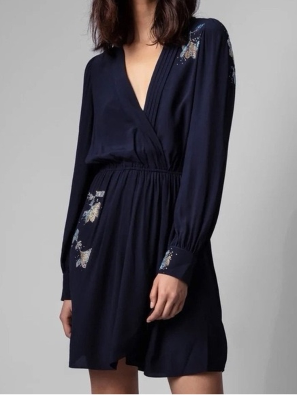 Zadig & Voltaire Navy Blue Remember Strass Long Sleeve Dress Sz XS